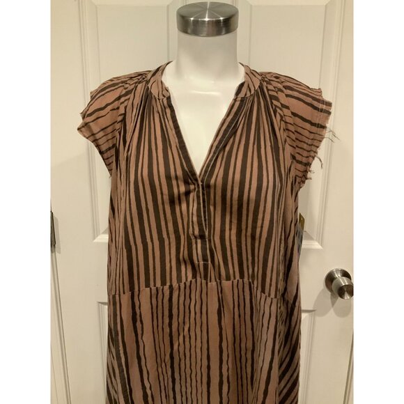 V DE VINSTER Brown Striped Shiva Shift Dress W/ Raw Hems, Size Medium - Picture 2 of 8